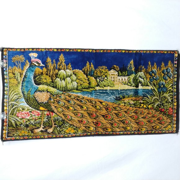 Vtg Peacock Tapestry 38 x 19 Velvet Wall Hanging
